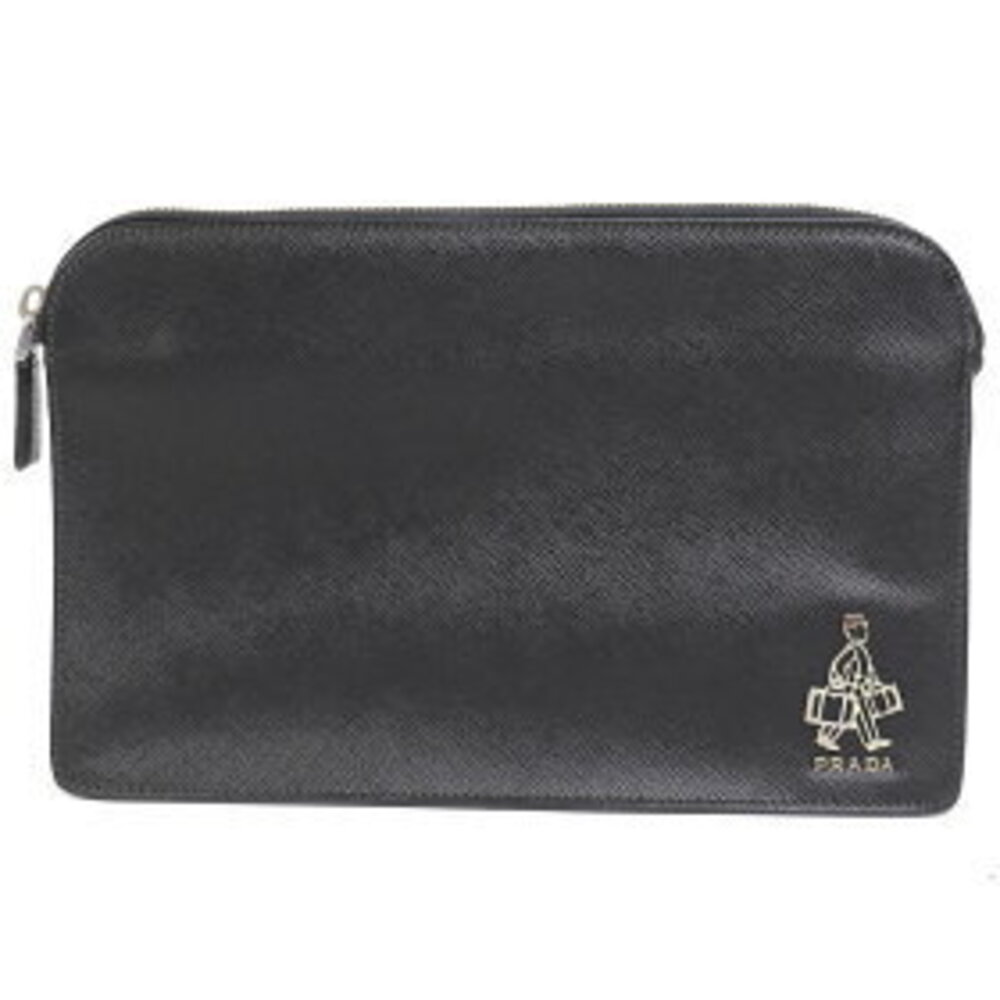Prada Logo Wristlet Pouch Black Metal Bag Saffiano Porter Black Nero Leather - Picture 1 of 7